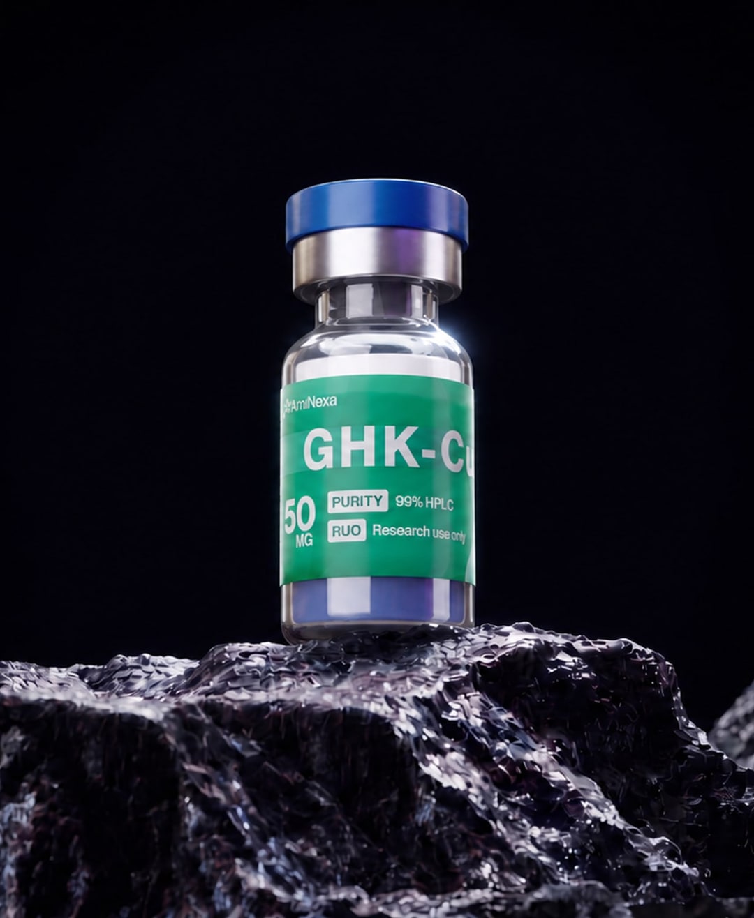 AmiNexa GHK-Cu research vial on a mineral formation